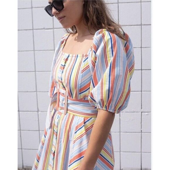 Tanya Taylor Claude Stripe Rainbow Dress Puff Sleeve Belt Sz 0 NWT $475 - Picture 6 of 16